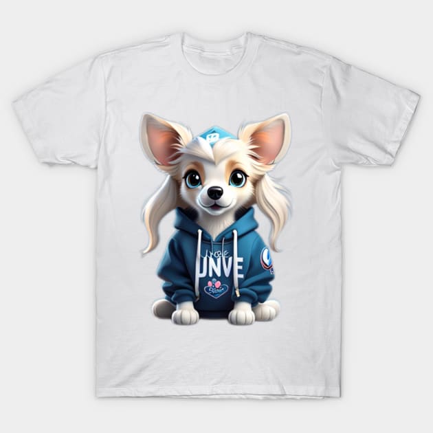 Chic in Blue: Whiskers the White Chihuahua's Enchanting Disney Tale! T-Shirt by Stevie26